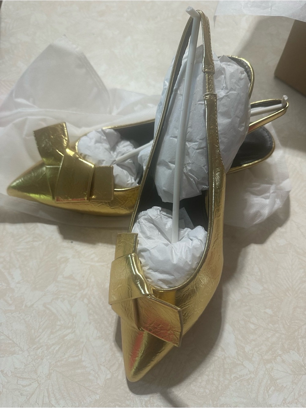 Gold Pointed-Toe Slingback Flats with Decorative Bow